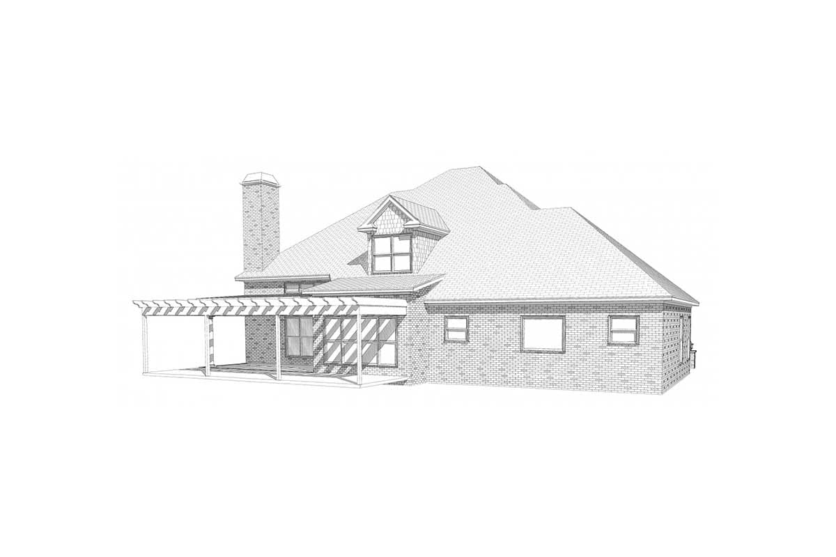House plan exterior: Brick home with gable dormer, chimney, covered patio with pergola, and multiple windows.
