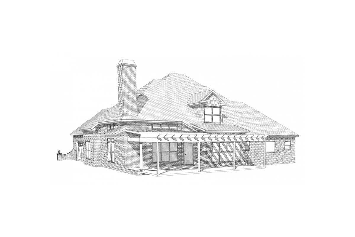 House plan exterior showing a brick house with a large chimney, a covered porch with pergola, and a dormer with gable.