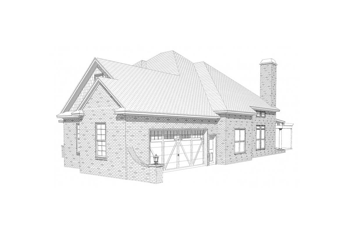 House plan exterior with brick facade, prominent gable, side-entry garage, and chimney.