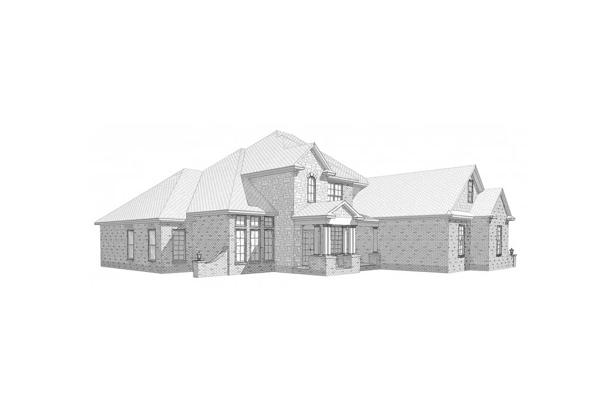 House plan exterior, two stories, brick facade, prominent gables, and a covered front porch with columns.