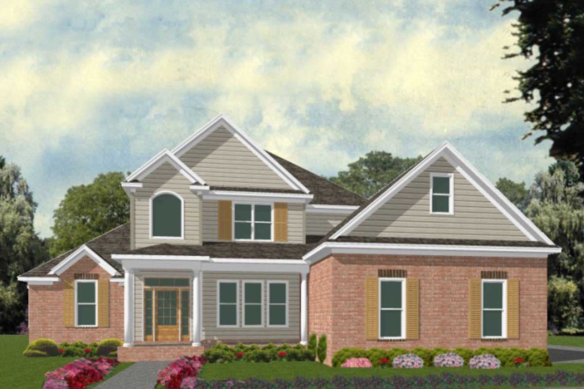 House plan exterior with two stories, brick and siding facade, front porch, multiple gables, and dormers.