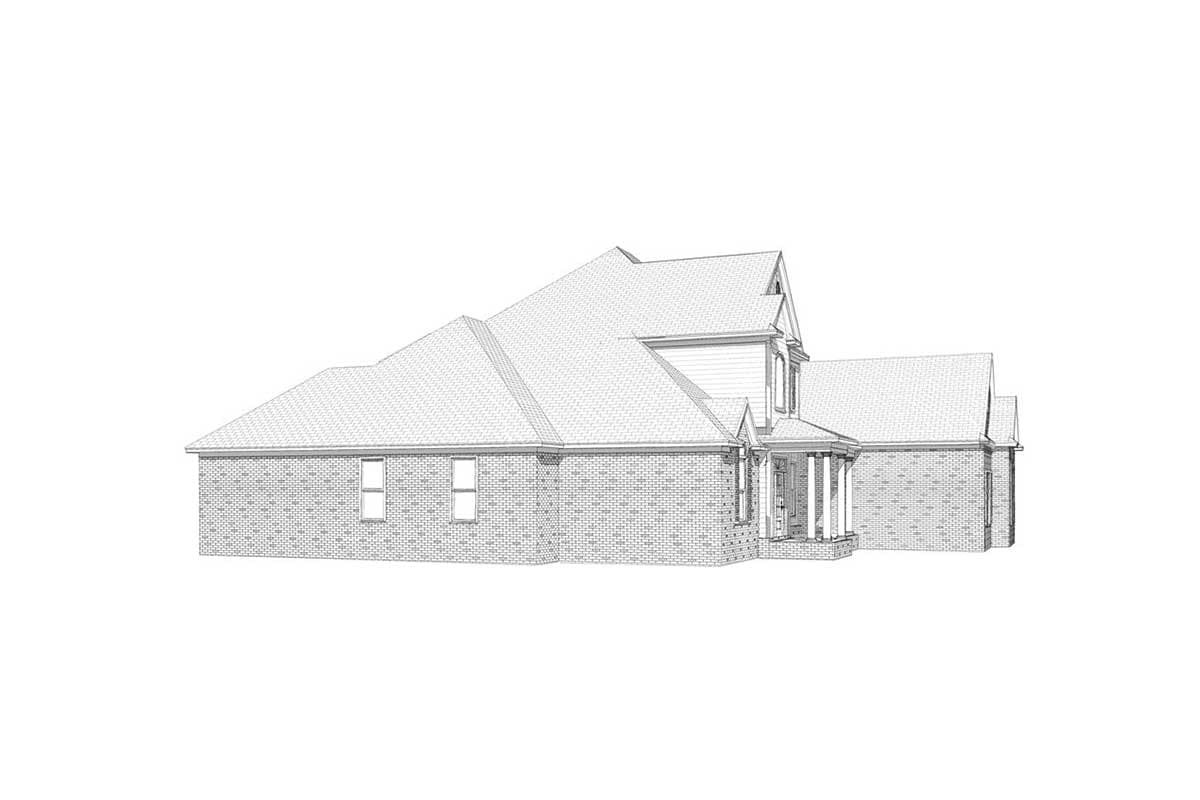 House plan exterior shows a two-story home with brick facade, prominent gables, dormers, and a covered front porch with columns.