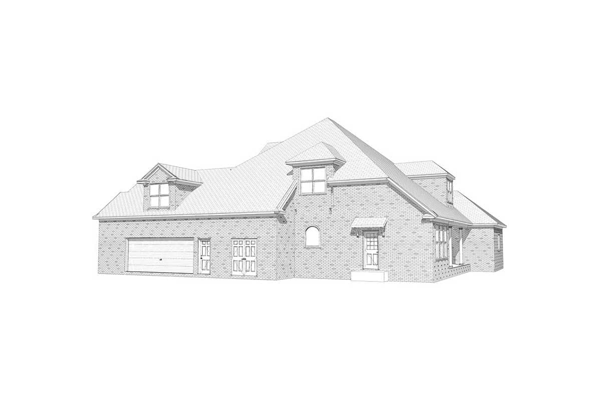 House plan exterior, two stories, brick facade, dormer, attached garage, covered entry.