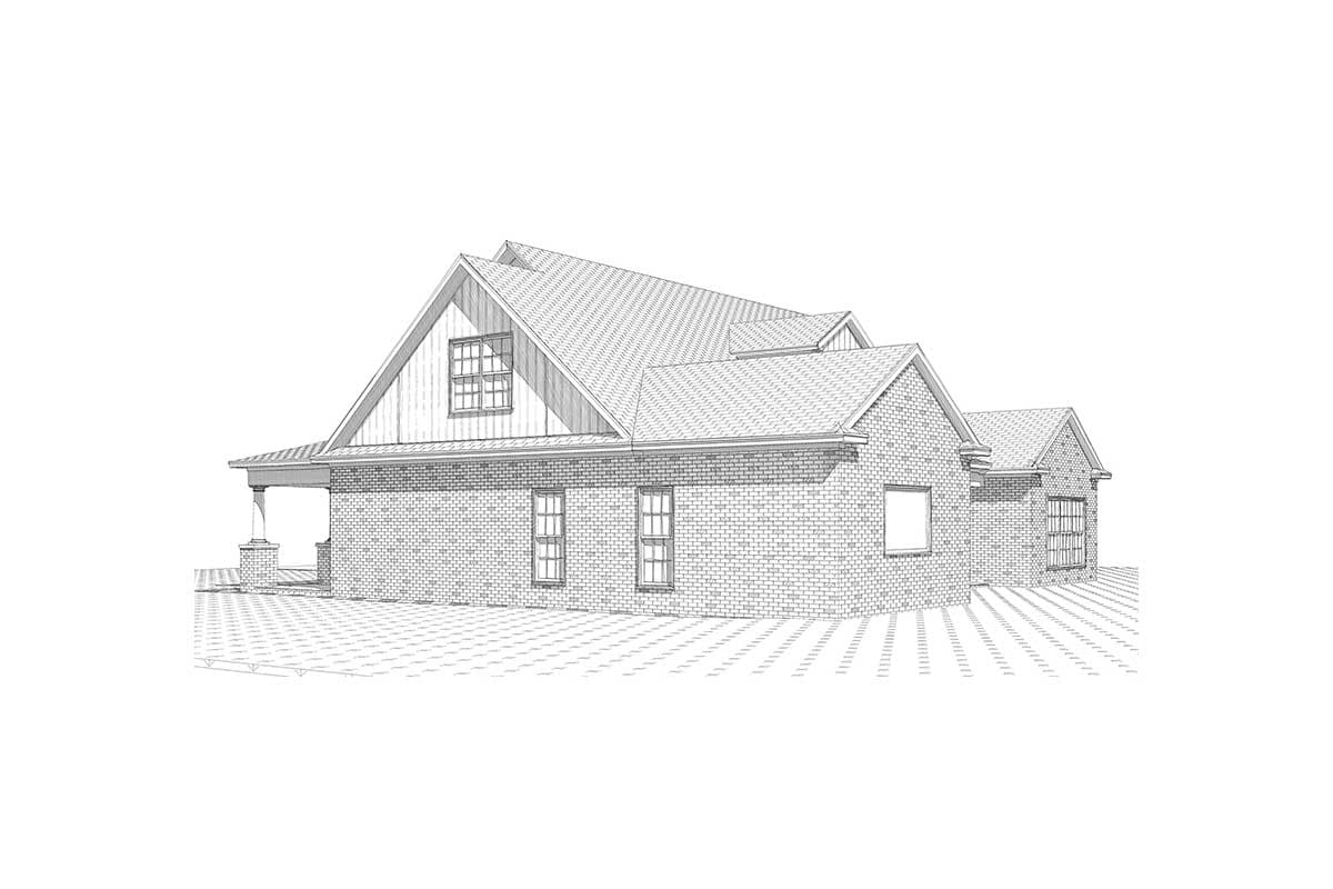 House plan exterior, one-story brick home with gabled dormer, covered porch with columns, and multiple gabled rooflines.