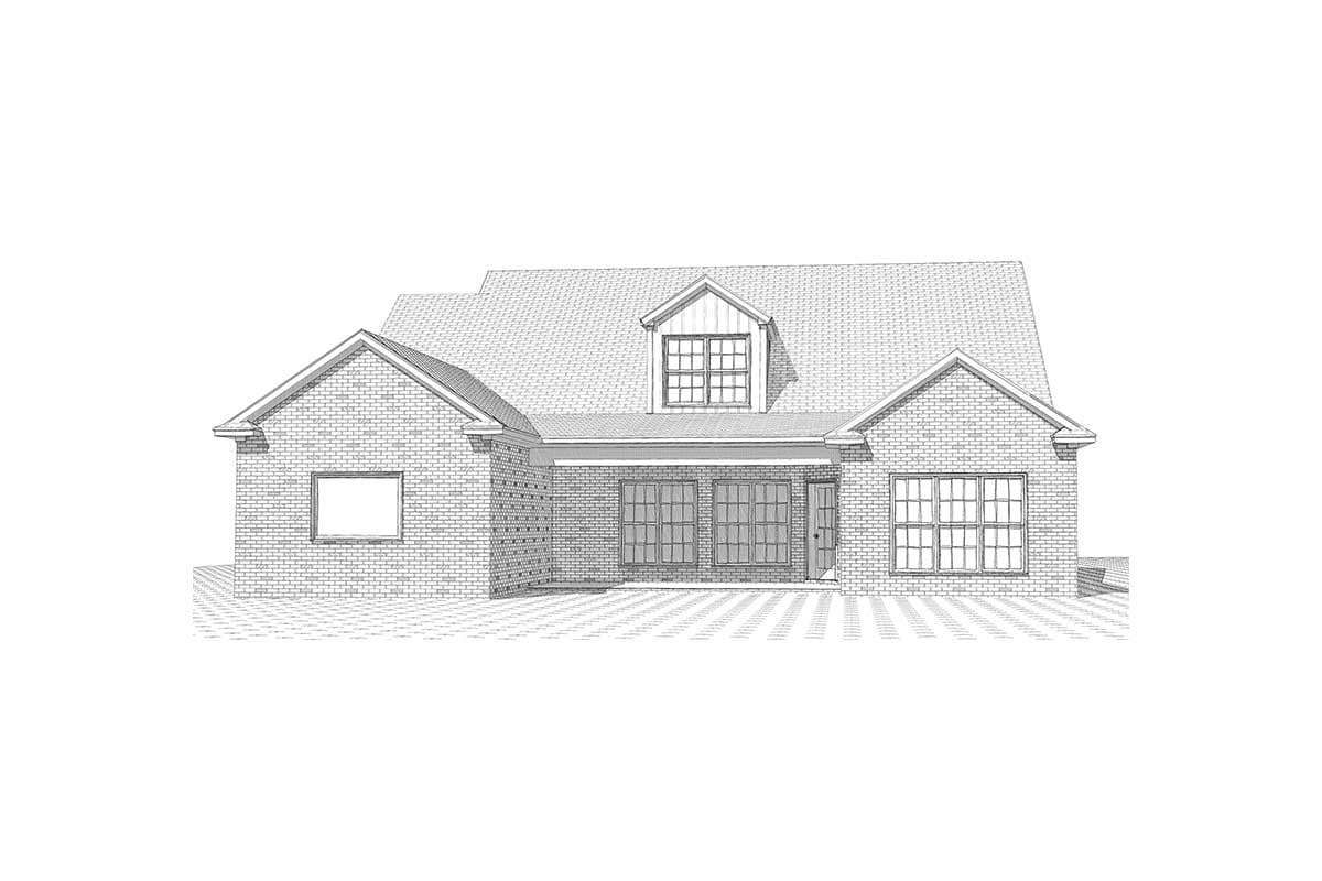 House plan exterior. Brick one-story home with gabled dormer, covered entryway, and large grid windows.