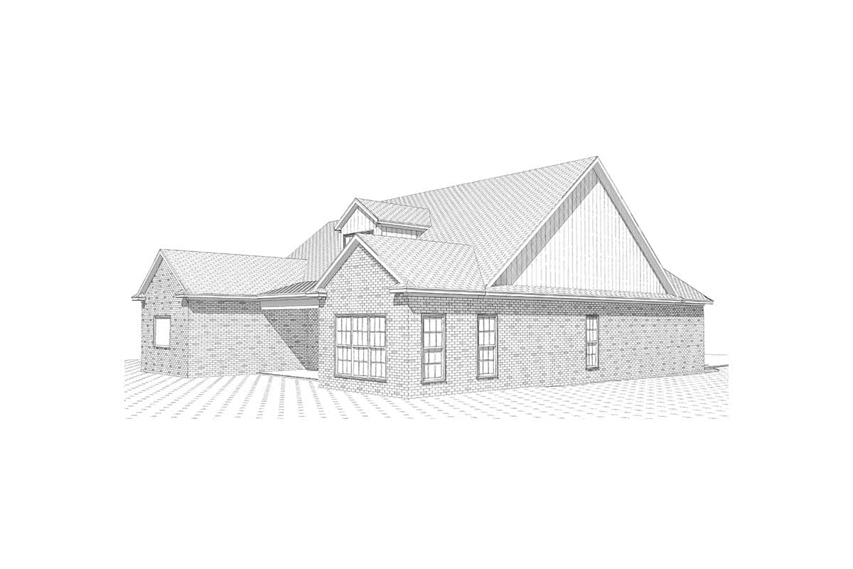 House plan exterior with brick facade, multiple gables, dormer, and pitched rooflines.