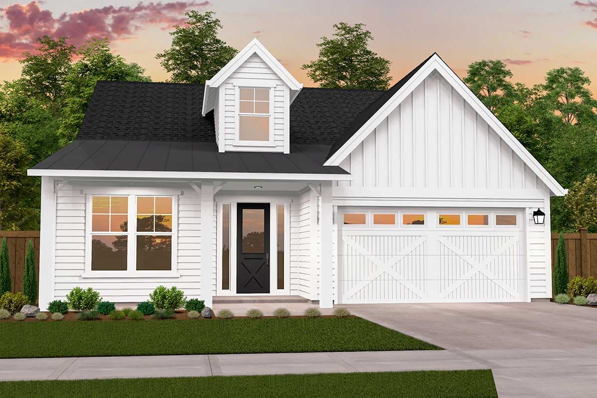 Modern Farmhouse house plan exterior, one story, white board and batten siding, gable dormer, black front door, and white garage door.