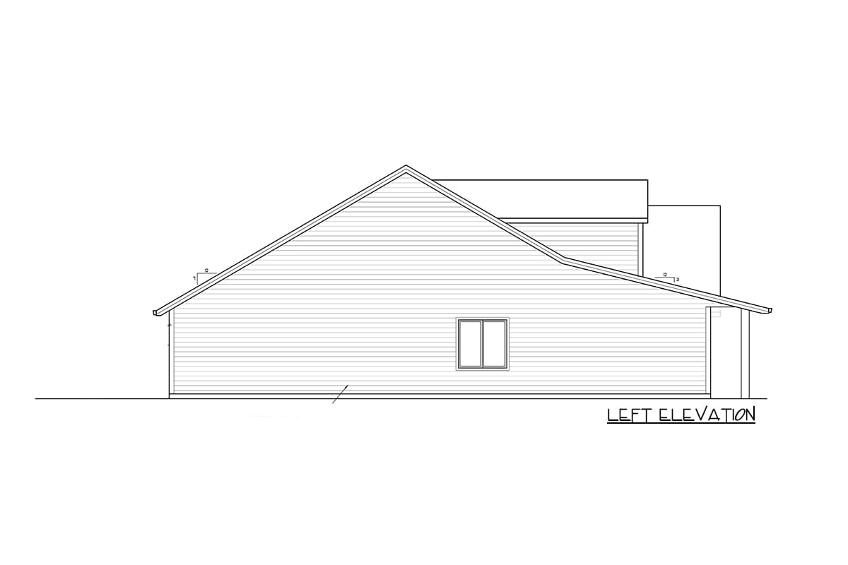 Left elevation drawing of house plan showing pitched rooflines, horizontal siding, one window, and a covered porch.