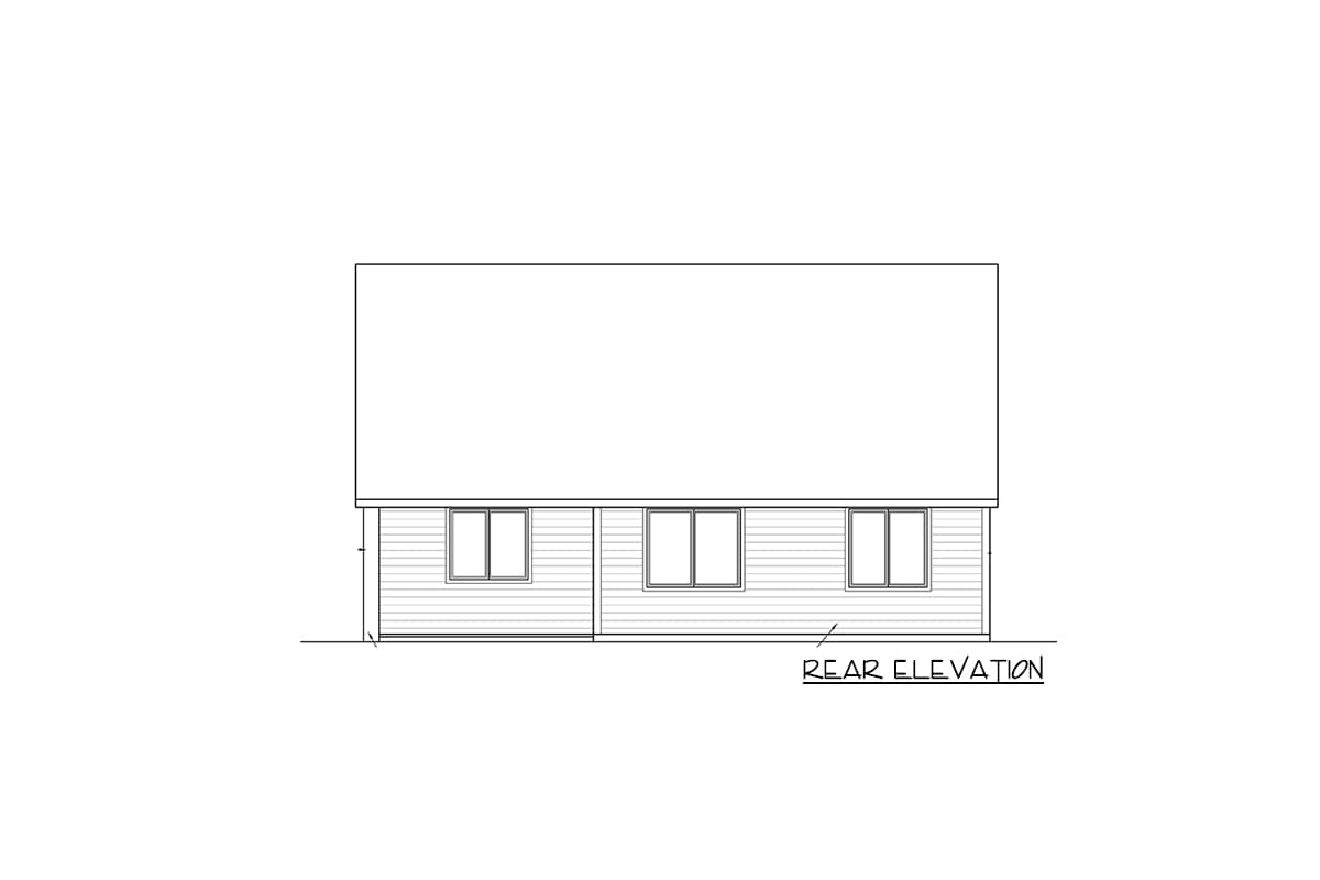 Rear elevation drawing of a house plan featuring horizontal siding and three evenly spaced windows.