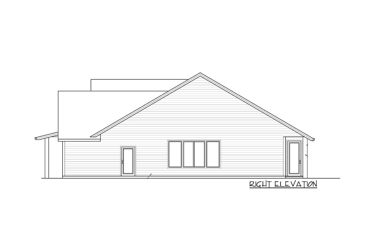 Right elevation drawing of a house plan showing a side view with horizontal siding, a pitched roof, and two doors.