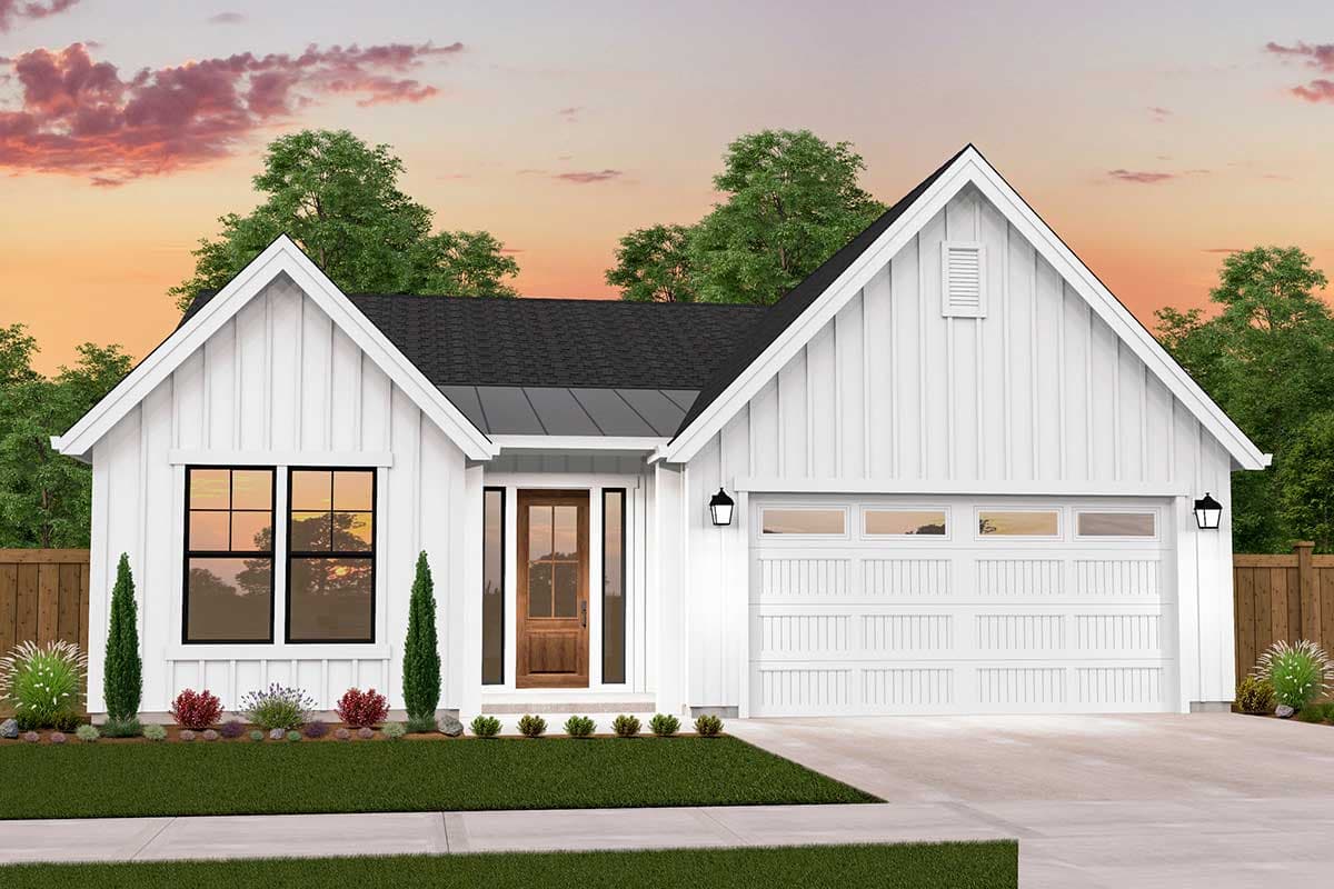 House plan exterior featuring a one-story, farmhouse-style design. Key elements include gabled rooflines, a front-facing garage, and a covered entry.