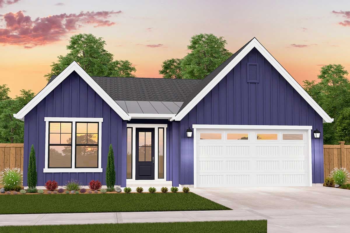 Modern Farmhouse house plan exterior with purple vertical siding, large gables, front door, and two-car garage.
