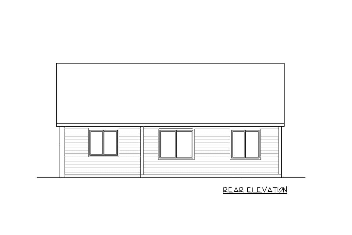 Rear elevation drawing of a house plan showing three rectangular windows and horizontal siding.