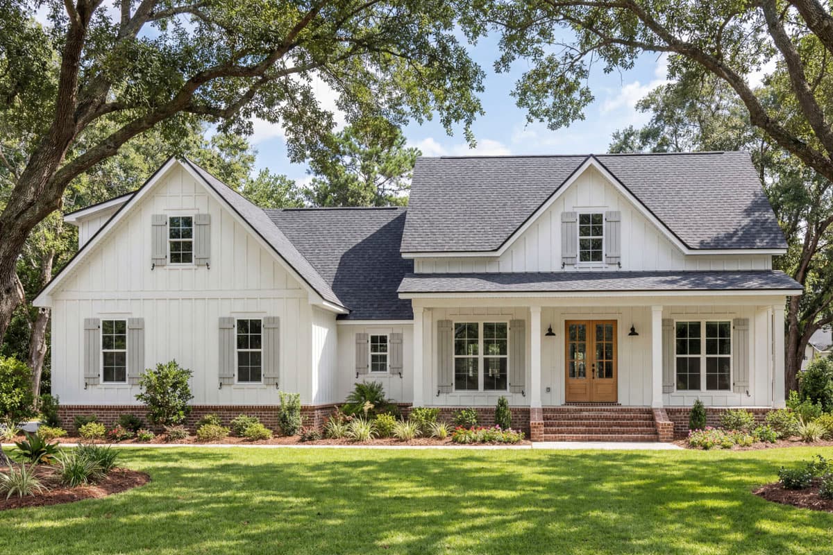 House plan exterior: Modern Farmhouse style, 1.5 stories, with board-and-batten siding, gables, dormers, and covered front porch.