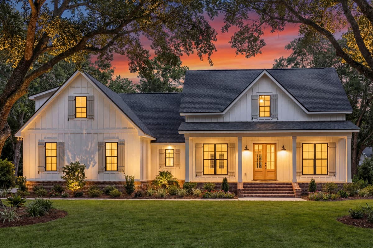 Modern Farmhouse house plan exterior with white board-and-batten siding, gables, dormers, and a covered front porch with columns.