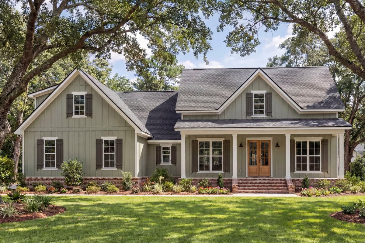 Modern Farmhouse house plan exterior, two stories, board and batten siding, covered porch with columns, and gabled dormers.