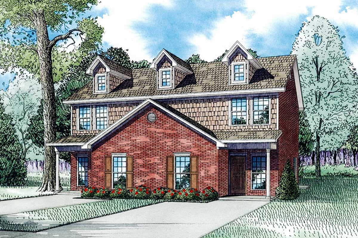 House plan exterior: two-story brick home with multiple dormers, shingle siding, and a covered front porch.