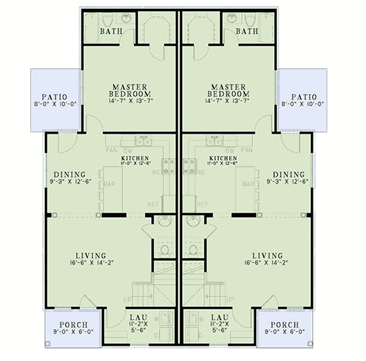 Plan 60712ND: Charming Duplex House Plan with 1500 Sq Ft 3 Bedroom Units - Floor Plan - Main Level - Traditional