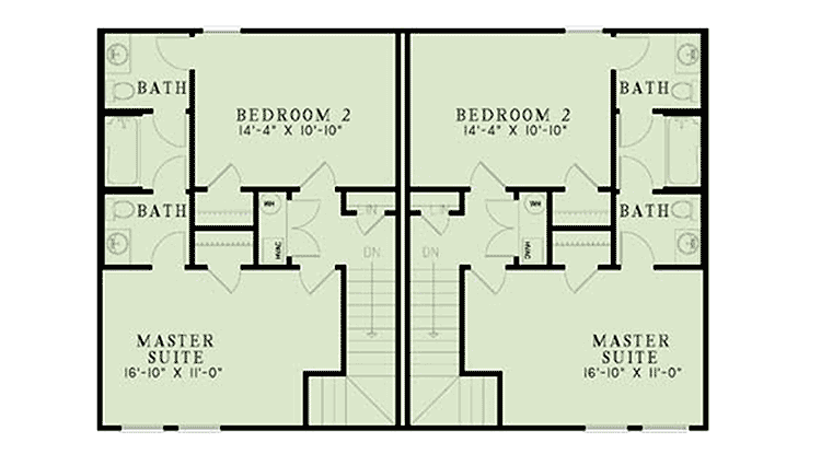 Plan 60712ND: Charming Duplex House Plan with 1500 Sq Ft 3 Bedroom Units - Floor Plan - 2nd Floor - Traditional