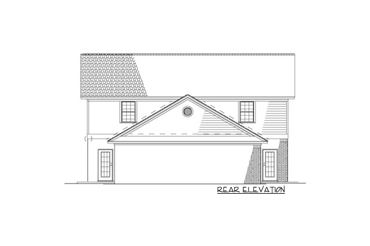 Rear elevation of a two-story house plan featuring a gabled roof over a central garage, two side doors, and two upper-story windows.