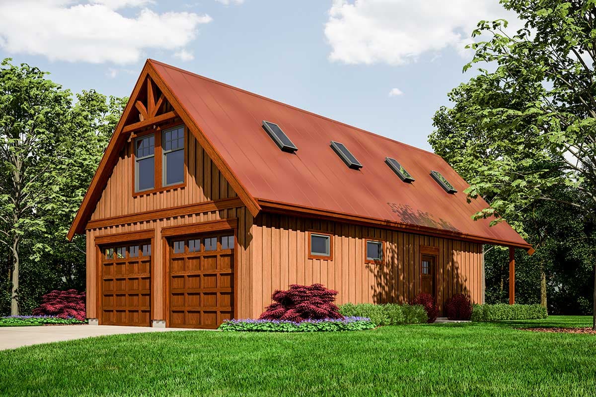 House plan exterior with two-car garage, dormers, and a gabled roof. Exterior features wood siding and a covered entry.