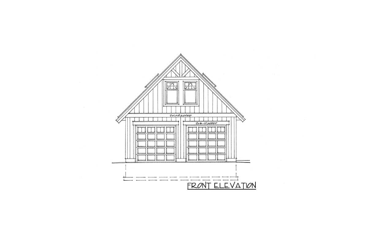 Front elevation drawing of a two-car garage with gable roof, dormer windows, and horizontal siding.