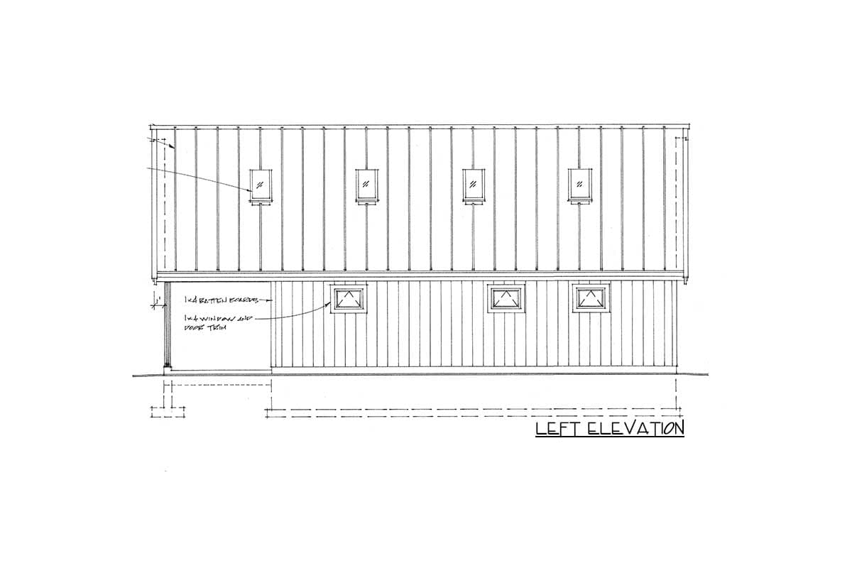 Left elevation drawing shows a building with vertical siding and batten boards, and a metal standing seam roof with four dormer windows.