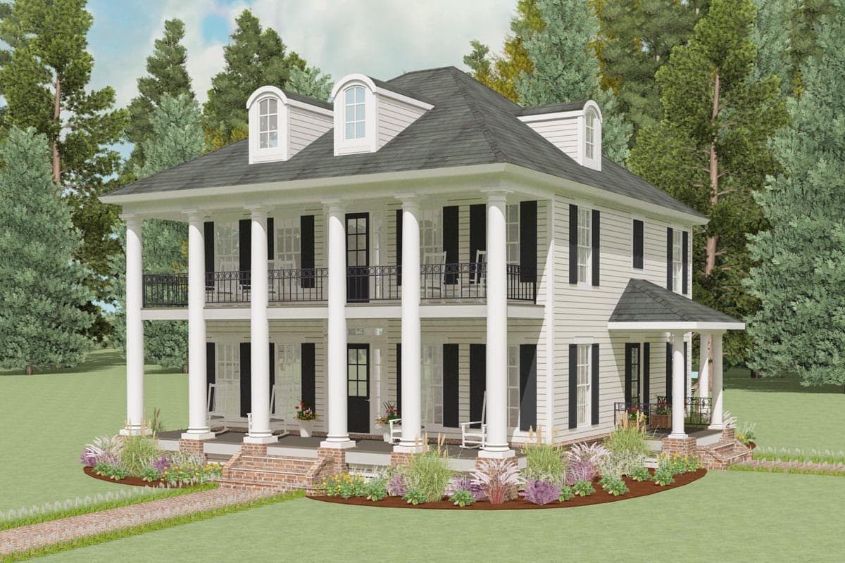 House plan exterior: Two-story Colonial with a large front porch, two-story columns, dormers, and a gabled roofline.