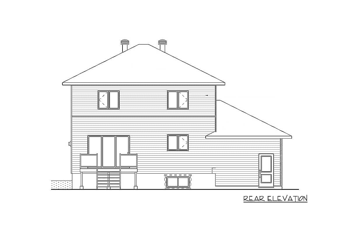 Rear elevation drawing of a two-story house plan with horizontal siding, multiple windows, a deck, and two chimneys.