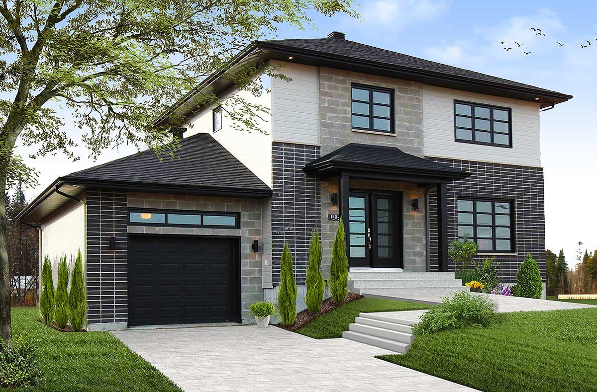 House plan exterior. Two-story, Modern style home with black roof, brick facade, and covered entry. Features include a two-car garage.
