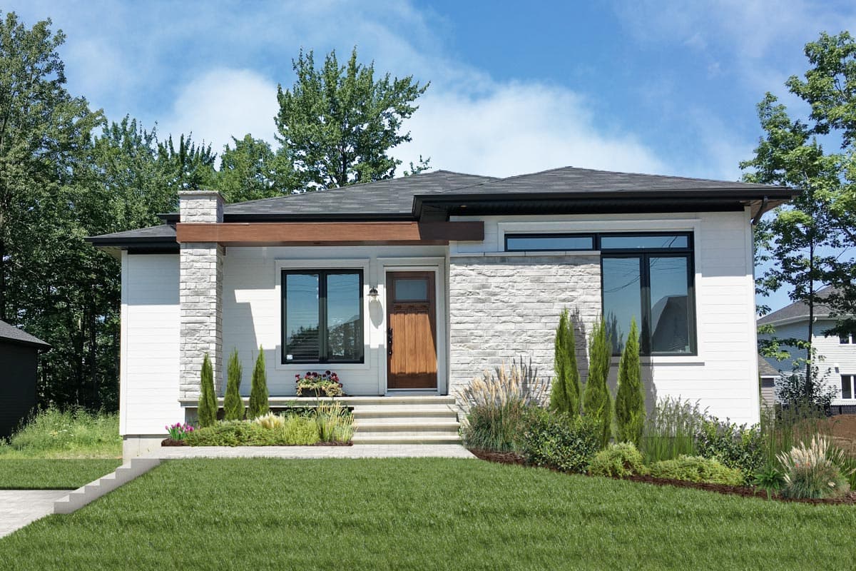House plan exterior. Modern style, one-story home with a flat roof and stone accent wall. Features include a covered entry and large windows.
