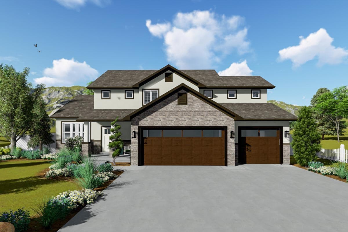 House plan exterior, two-story home with stone-clad garage, gables, and dormers.
