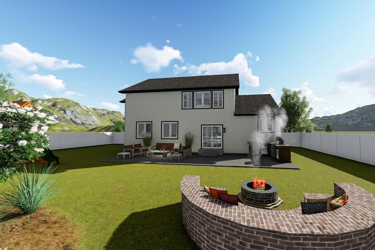 House plan exterior: Two-story house with pitched roof, patio, outdoor kitchen, and brick fire pit.