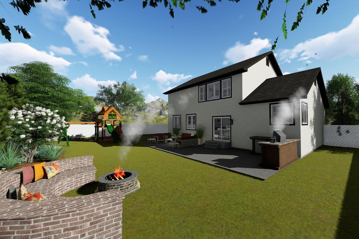 Two-story house exterior with patio, built-in grill, outdoor fireplace, and a children's play structure.