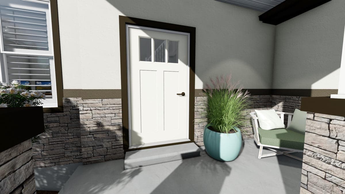 House plan exterior detail: white paneled door, stone veneer wainscoting, and window with blinds.