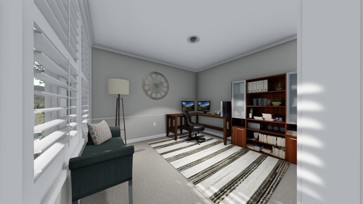 Home office rendering with a corner desk, two monitors, a bookshelf, bench seating, and large plantation shutters.