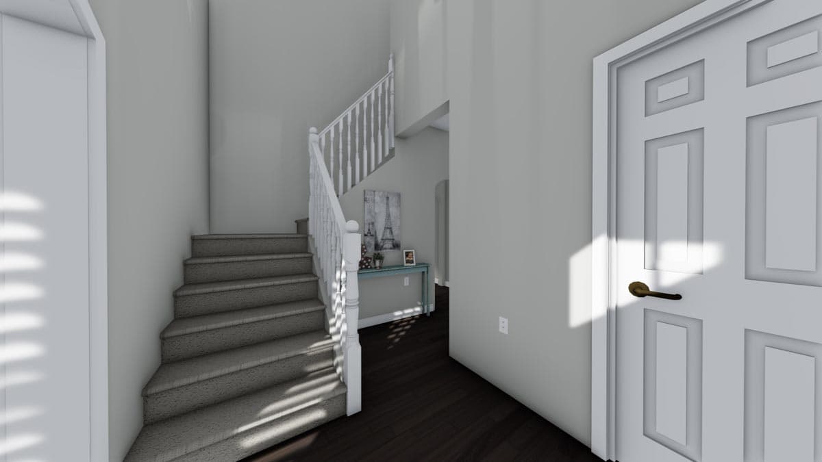 Interior rendering of a home entry with carpeted stairs, white balusters, a console table, and a paneled door.