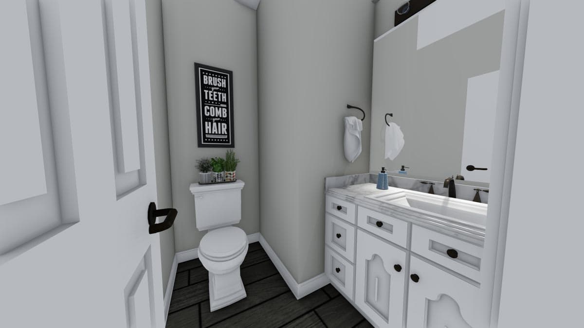 Bathroom rendering with toilet, vanity with white marble countertop and double sink, and towel rack.