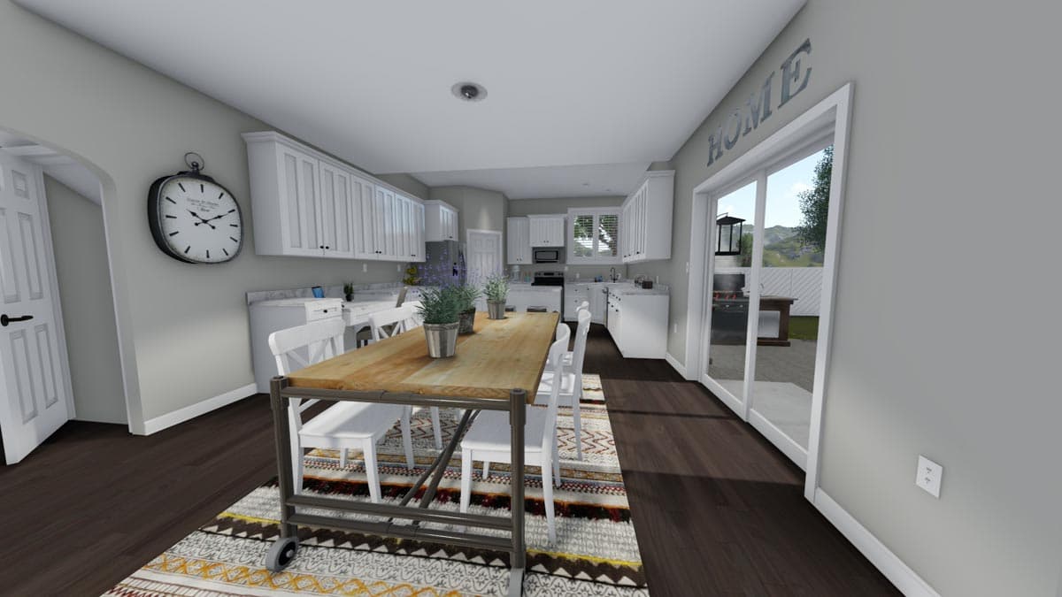 Interior rendering of a kitchen with white cabinets, wooden dining table, and sliding glass doors leading outside.