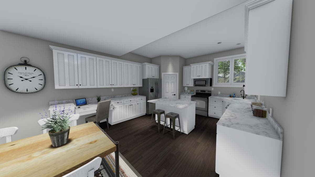 Kitchen house plan rendering with white cabinets, island, stainless steel appliances, desk area, and dining table.