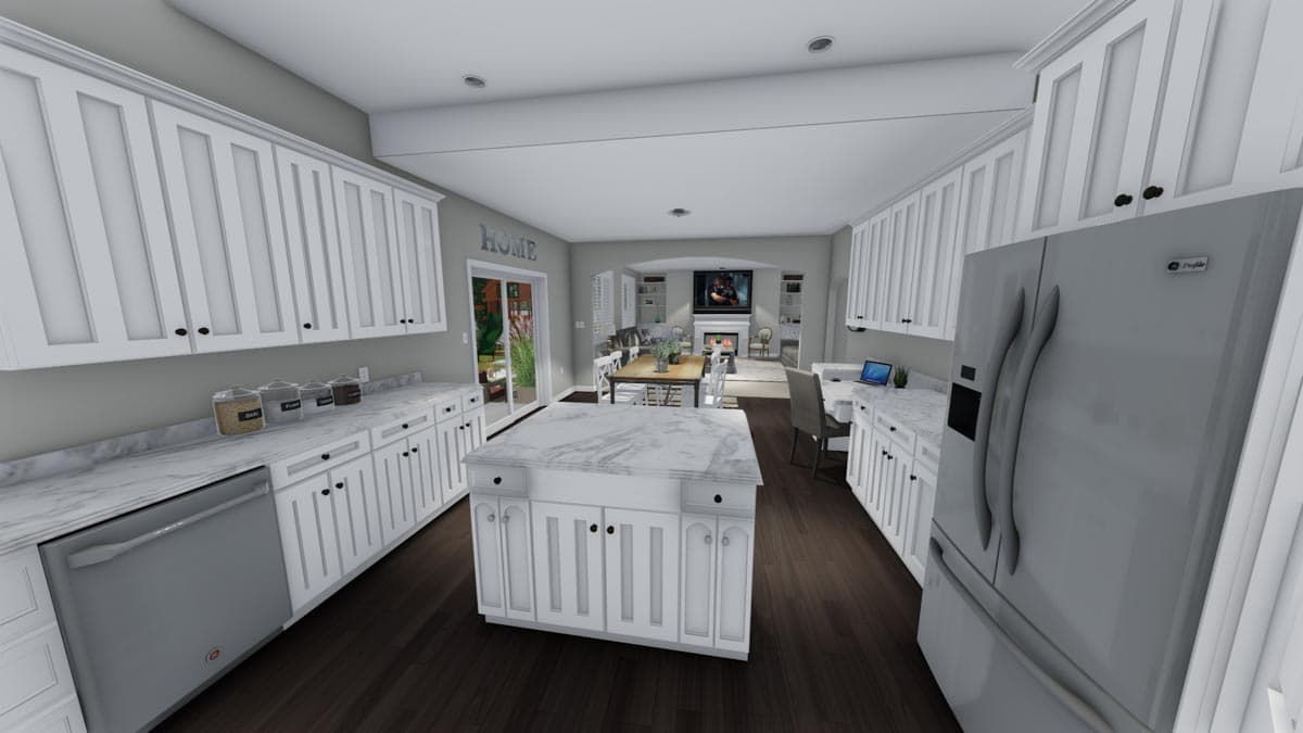 Interior rendering of a white kitchen with island, marble countertops, and adjoining dining and living areas with fireplace.