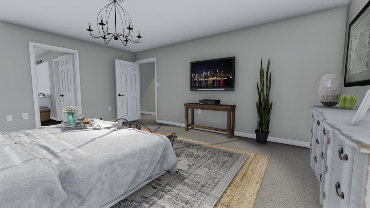 Bedroom rendering with king bed, TV on wall, console table, and entry to bathroom.