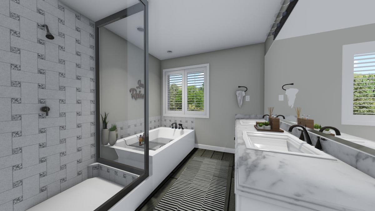 Modern bathroom with dual vanity, freestanding tub, glass-enclosed shower with patterned tile, and window view.