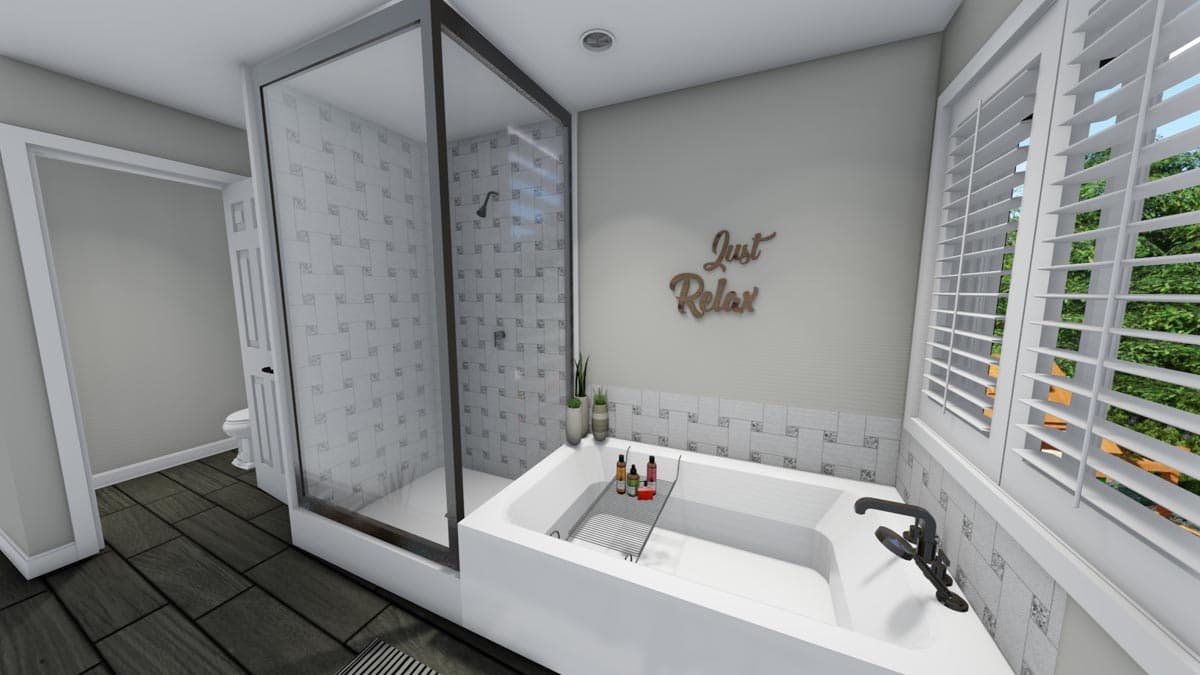 Bathroom interior rendering with a freestanding tub, glass-enclosed shower, and dark wood tile flooring.
