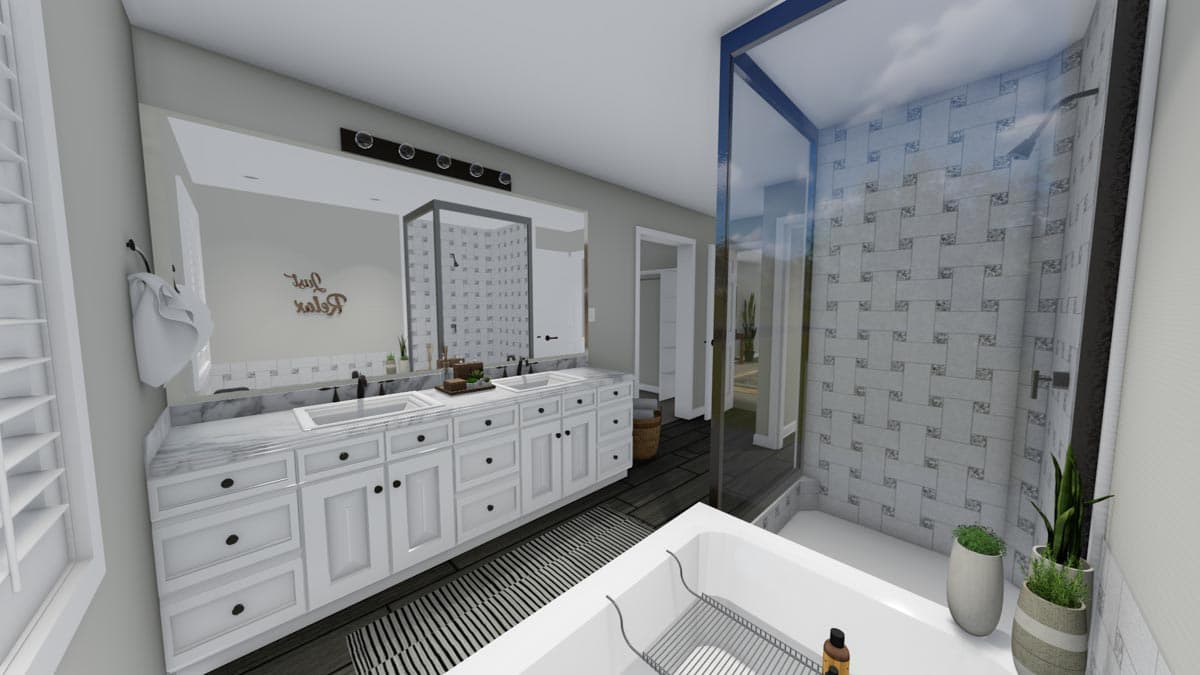 Bathroom with double vanity, soaking tub, and glass-enclosed shower with patterned tile.