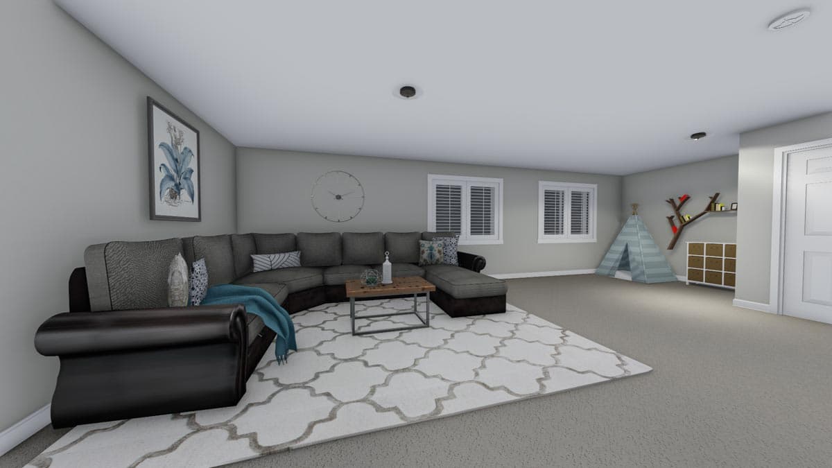 Interior rendering of a living room with sectional sofa, coffee table, patterned rug, tent, and decorative shelving.