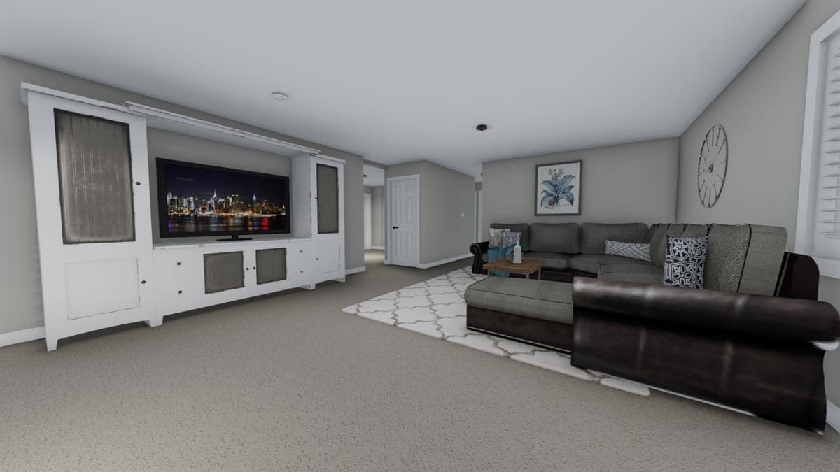 Living room with sectional sofa, built-in entertainment center, and textured rug.