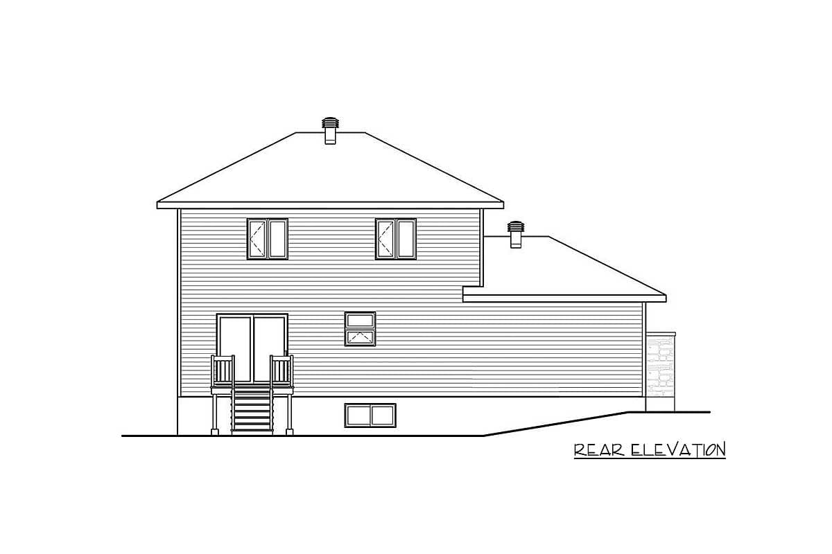 Rear elevation drawing of a two-story house with a pitched roof, double doors, and multiple windows.