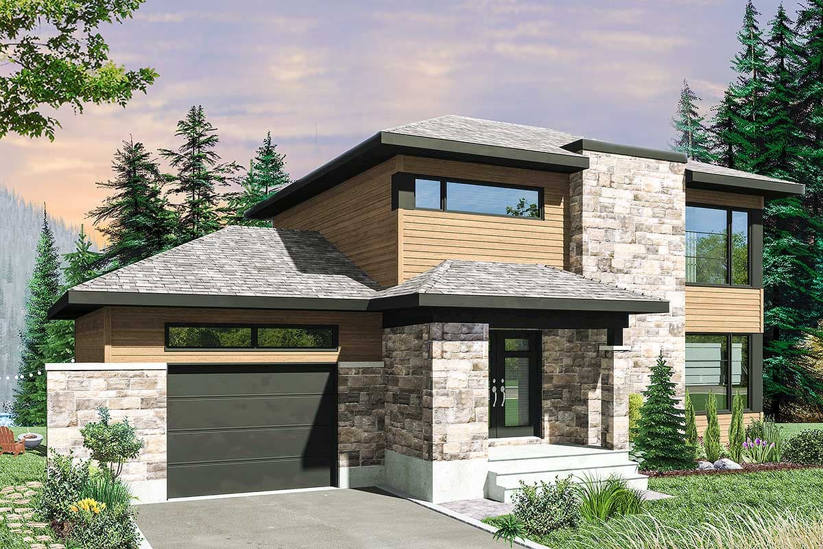 House plan exterior. Two-story Modern house with stone and wood siding, flat rooflines, and a front-facing garage. Includes a covered entry.