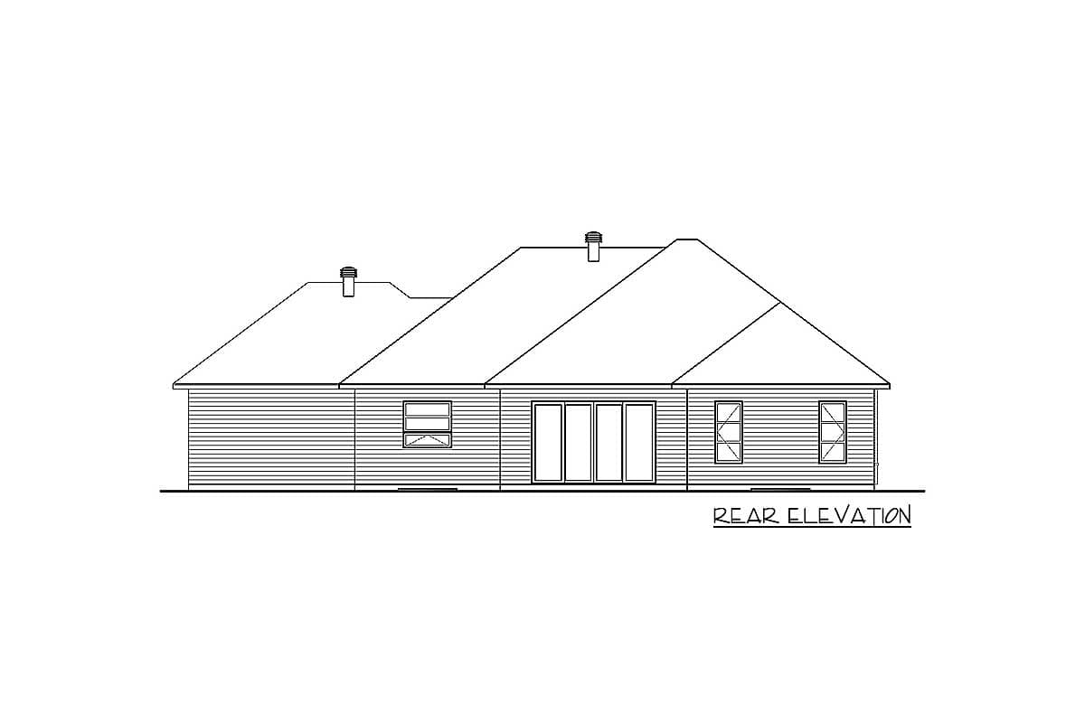 Rear elevation of a ranch house plan with siding, triple sliding doors, and two windows.